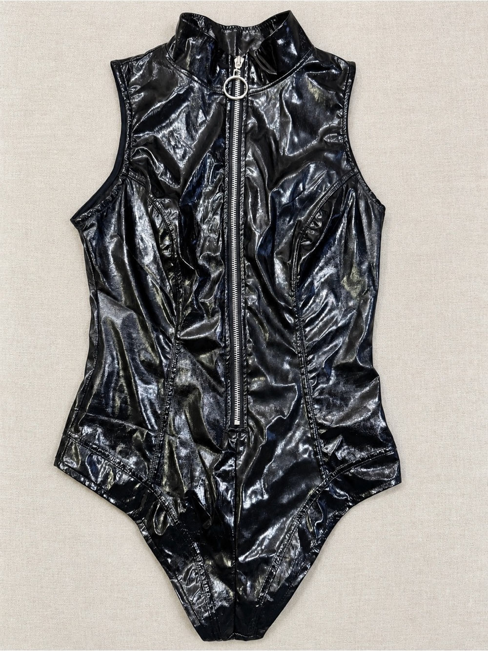 Forever 21 Black Patent Moto Zip Front Bodysuit Size S
